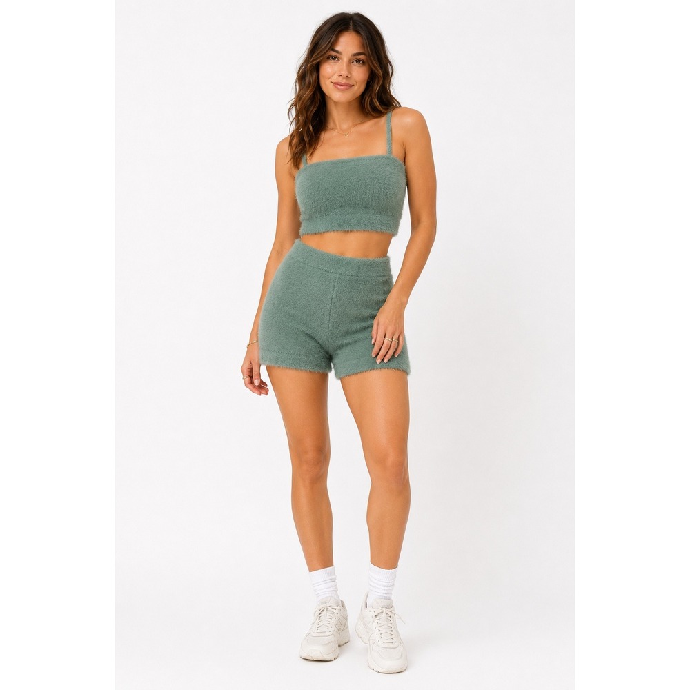 Gymshark Whitney Simmons Eyelash Knit 2 Piece Set M Green Bandeau Shorts Fuzzy